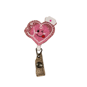 Cute Nurse Badge Reel Holder – Pink Glitter Heart with Nurse Hat